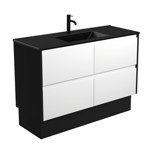 Dolce Matte Black Amato 1200 Satin White Vanity On Kick, Satin Black Panels