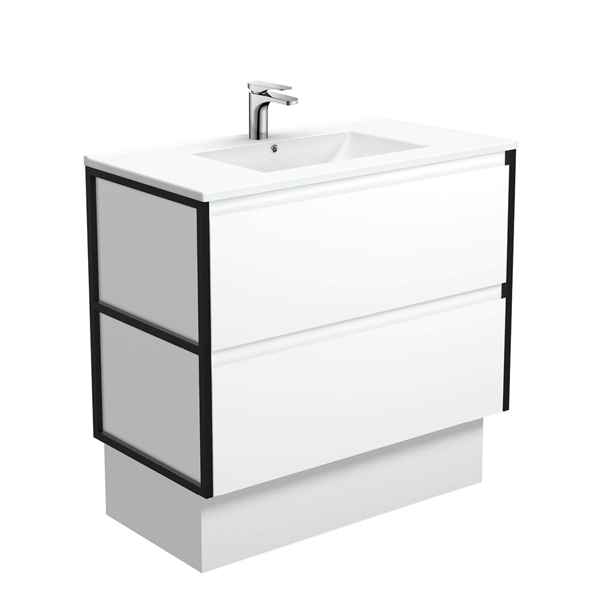 Dolce Amato 900 Satin White Vanity On Kick, Matte Black Frames