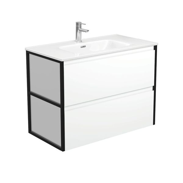 Joli Amato 900 Satin White Wall-Hung Vanity, Matte Black Frames